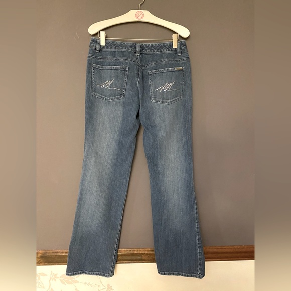 MICHAEL KORS WOMENS DISTRESSED STRETCH BOOT CUT FLARE DENIM BLUE JEANS SIZE 6 - Picture 1 of 9